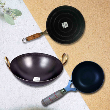 Iron Golden Ring Kadhai + Iron Roti Tawa Handle 10.5 Inch +Tadka Pan - (11 Inch / 28 Cm)