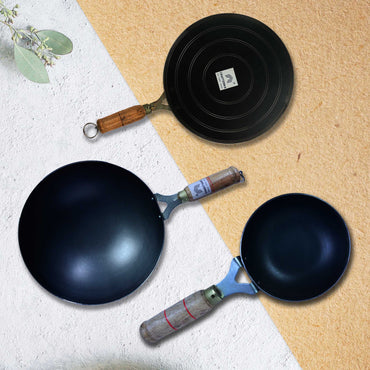Iron Roti Tawa Handle 10.5 Inch + Iron Long Handle Kadhai - ( 25 Cm / 10inch ) + Tadka Pan - (11 Inch / 28 Cm)